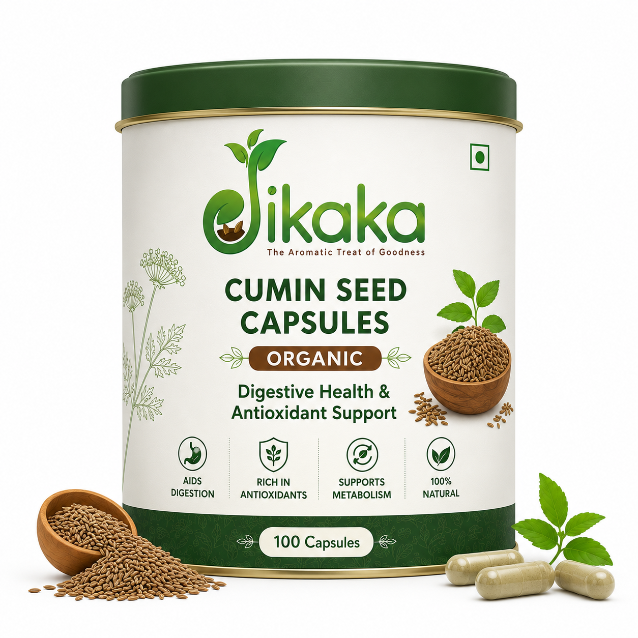 Jikaka Cumin Seed Capsules, Organic - 100 Capsule | Digestive Health & Antioxidant Support