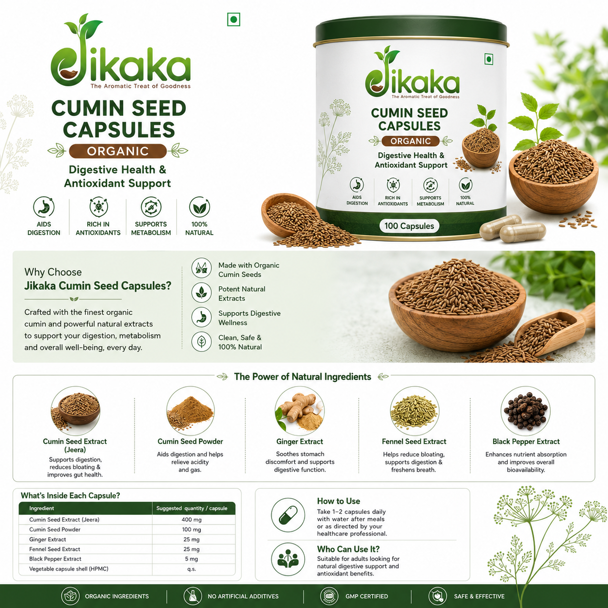 Jikaka Cumin Seed Capsules, Organic - 100 Capsule | Digestive Health & Antioxidant Support